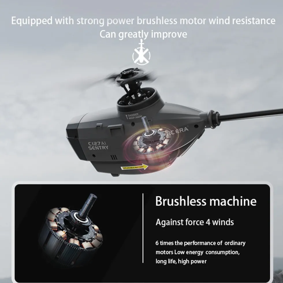 C127AI RC Helicopt, 2.4G RC 4CH Scout Drone Brushless Aircraft Model Without Aileron (RTF Version/Black)