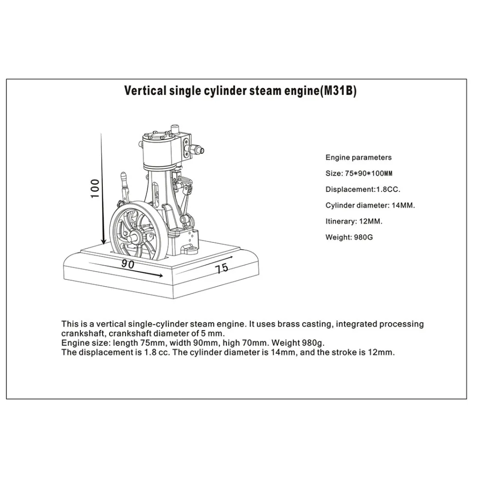 1.85CC Retro Vertical Single-cylinder Reciprocating Double-acting Model Steam Engine with 200ml Steam Boiler