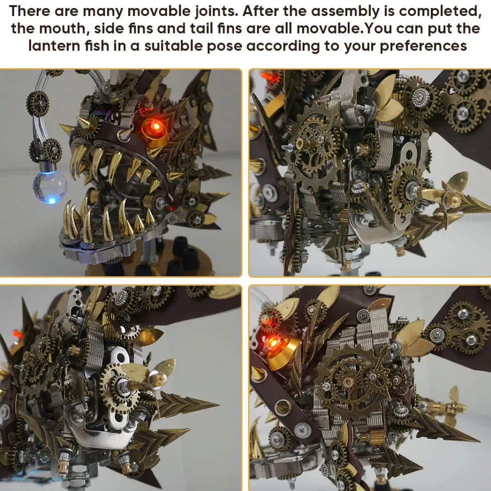 3D Metal Steampunk Craft Puzzle Mechanical Anglefish Model DIY Assembly with Luminous Bulb Creative Gift-1064PCS+