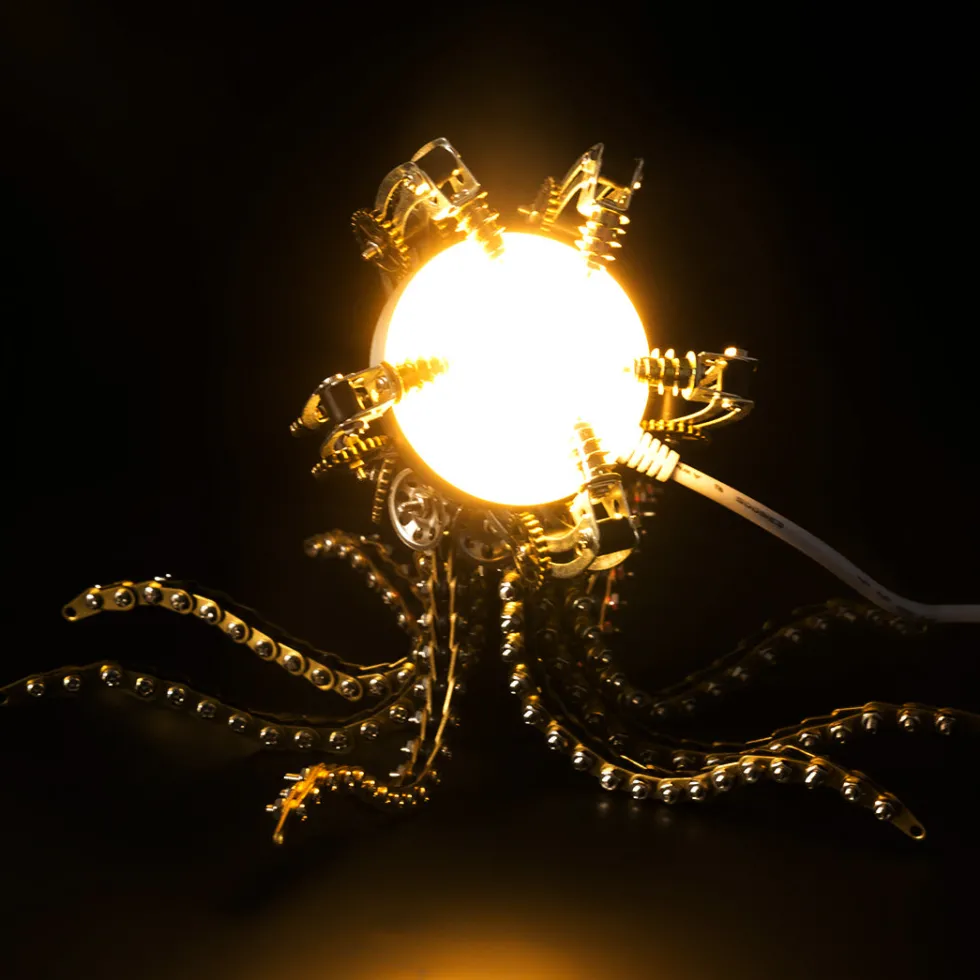 3D Metal Steampunk Galaxy Craft Puzzle Mechanical Octopus with Desk Lamp Model DIY Assembly for Home Decor Creative Gift-1060PCS