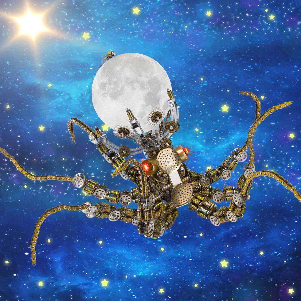 3D Metal Steampunk Galaxy Craft Puzzle Mechanical Octopus with Lamp Model DIY Assembly for Home Decor Creative Gift-2400PCS