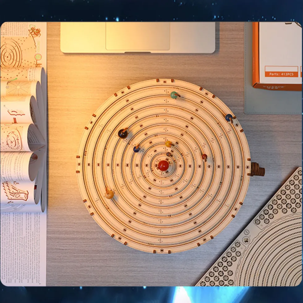 3D Wooden Mechanical Orrery Solar System Model Kit, DIY STEM Educational Desktop Display (413PCS)
