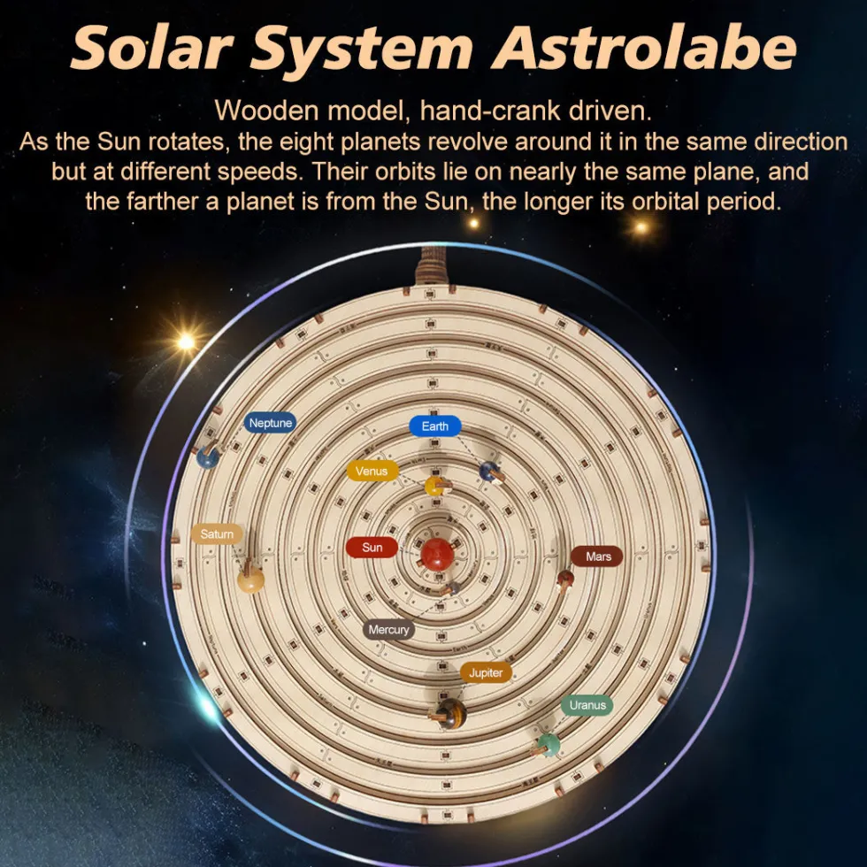 3D Wooden Mechanical Orrery Solar System Model Kit, DIY STEM Educational Desktop Display (413PCS)