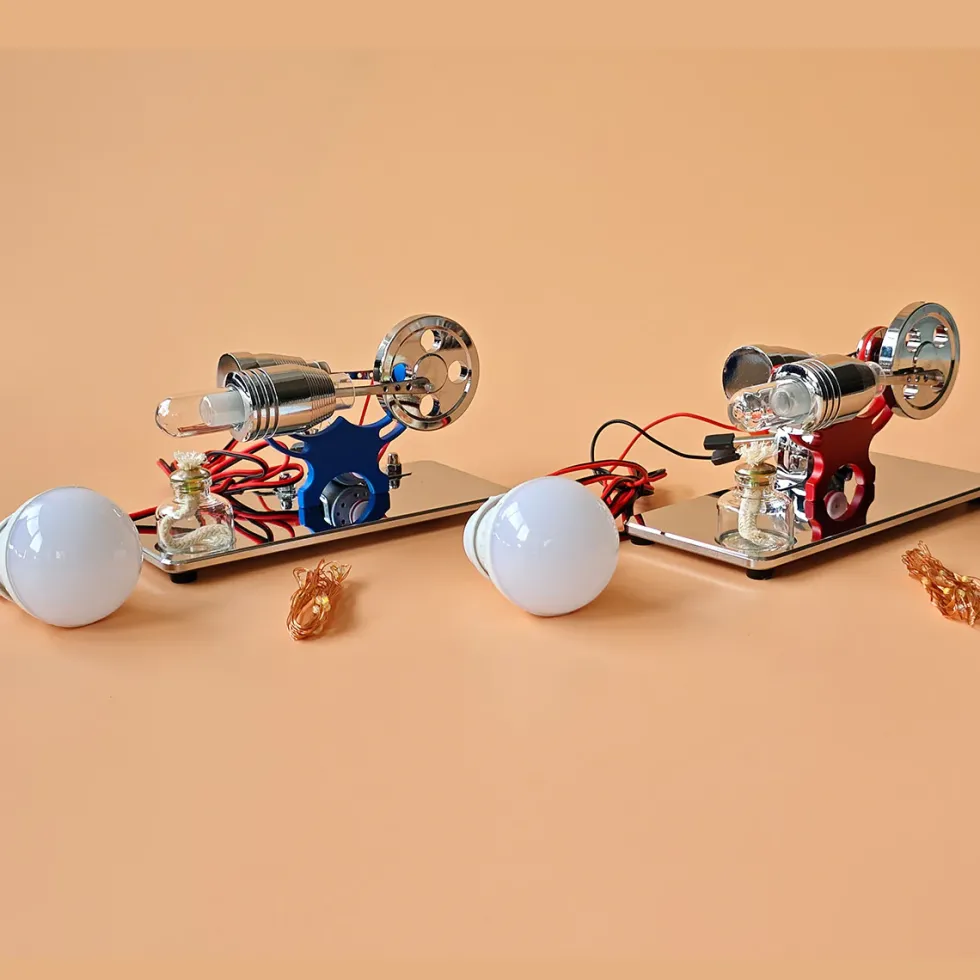 ENJOMOR γ-Type Mirror-Reflective Thermal Air Stirling Engine Generator Model with LED Bulb String