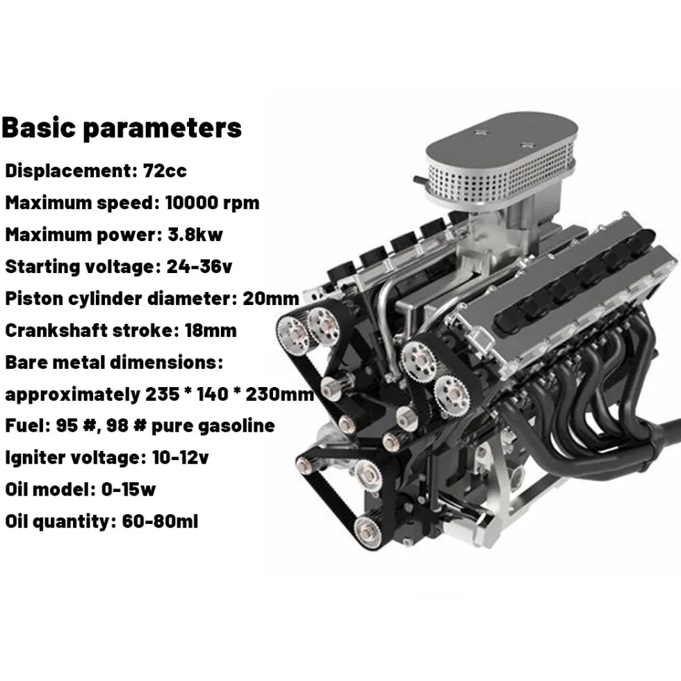 ENJOMOR V12 Engine GS-V12 72CC DOHC 4-Stroke 12-Cylinder 48-Valve Water-Cooled Electric Start Gasoline Engine Model - V12 Engine Model That Works