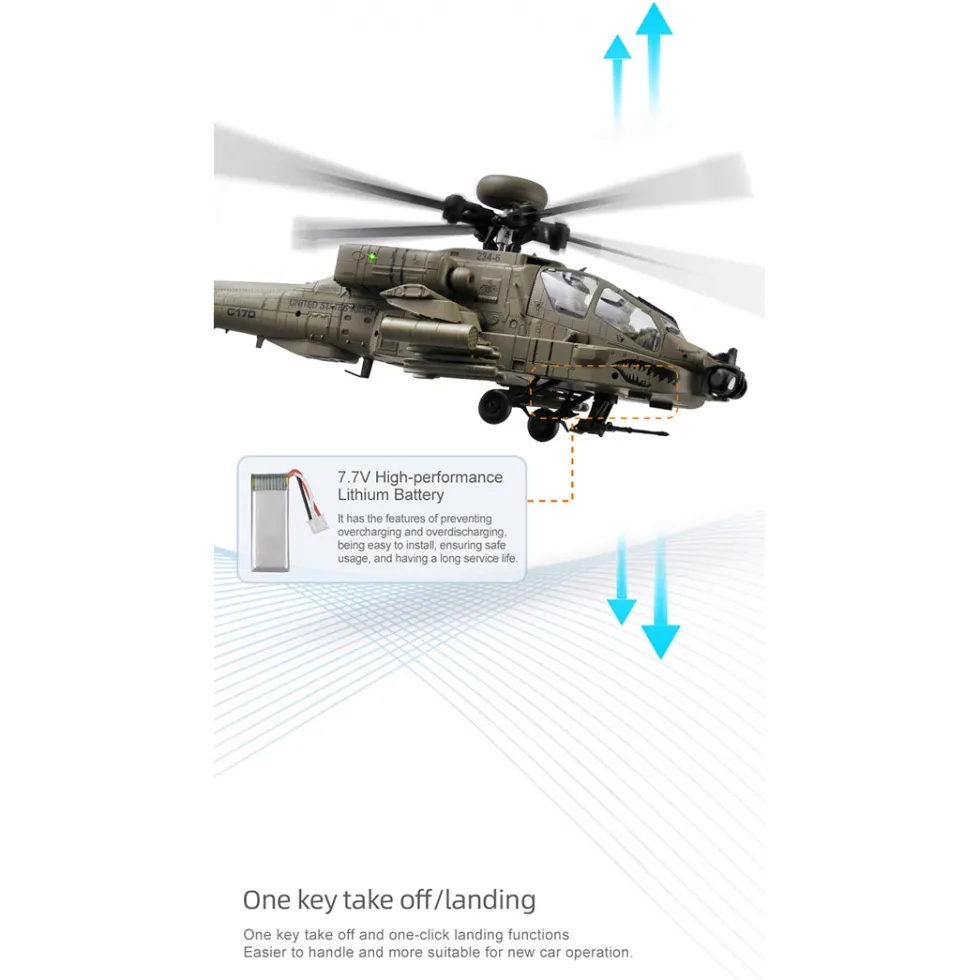 RC ERA C170 AH-64D 1/48 Scale 2.4G 6CH Flybarless Military RC Helicopter Model With Optical Flow Positioning, TOF Altitude Hold, One-Key Inverted Flight and Brushless Motor (RTF Version)
