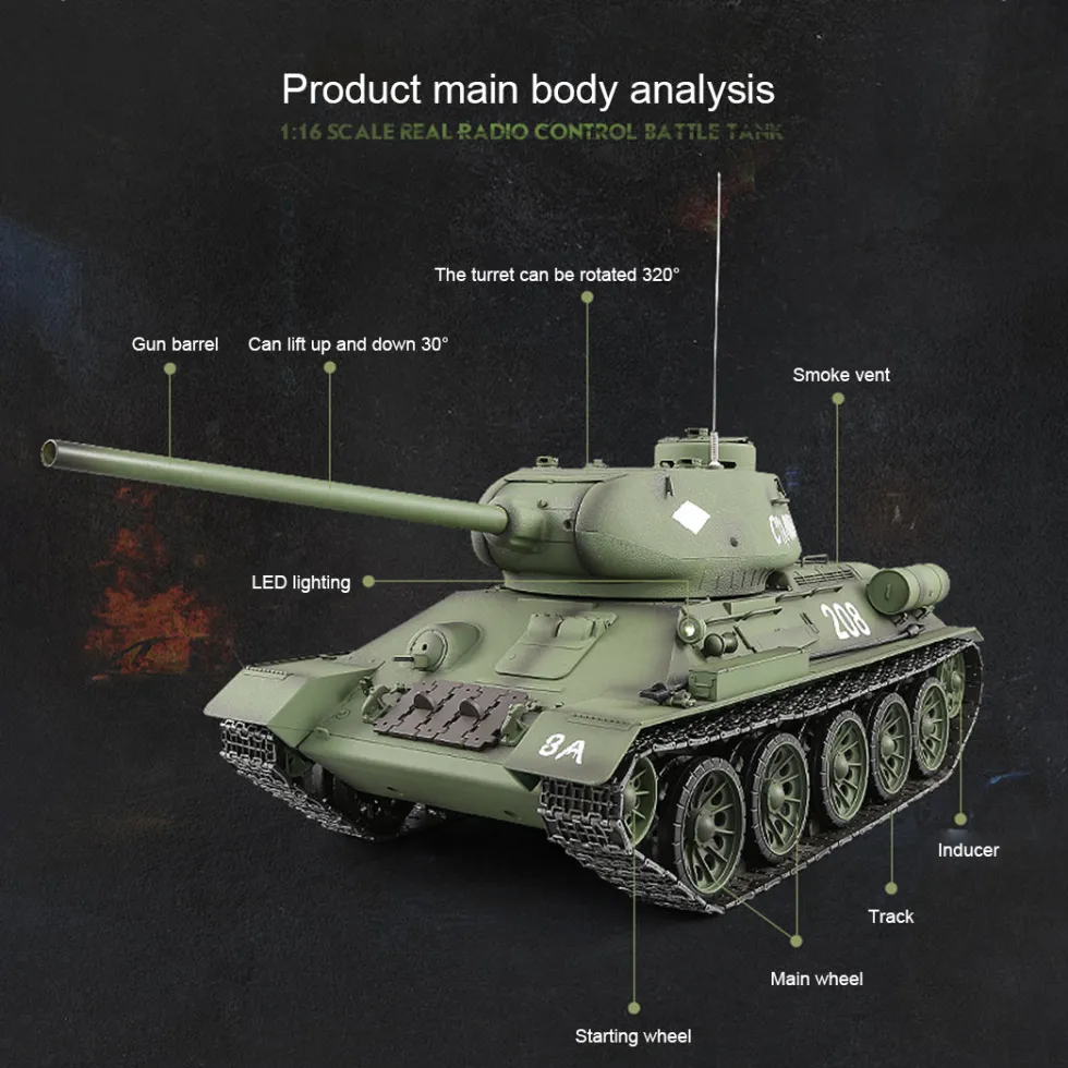 1/16 RC Tank Soviet T-34 Medium Tank 2.4G Remote Control Model Military Tank with Sound Smoke Shooting Effect - Upgraded Edition