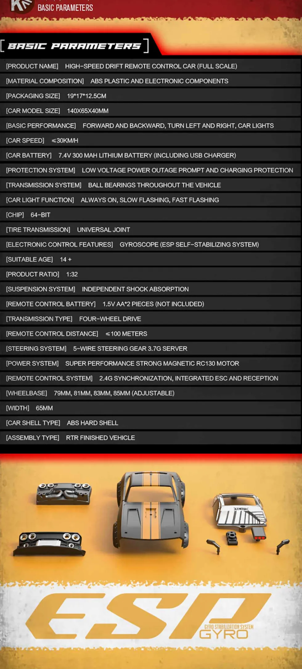1/32 Scale 2.4G 4WD RC Drift Car with LED Headlights