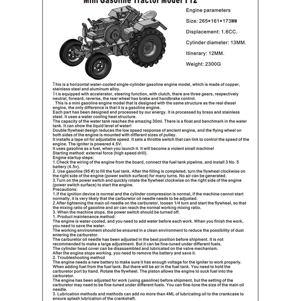 T12 Antique Roller Tractor Model with 1.6cc Mini Horizontal Single-cylinder Water-cooled Gasoline IC Engine