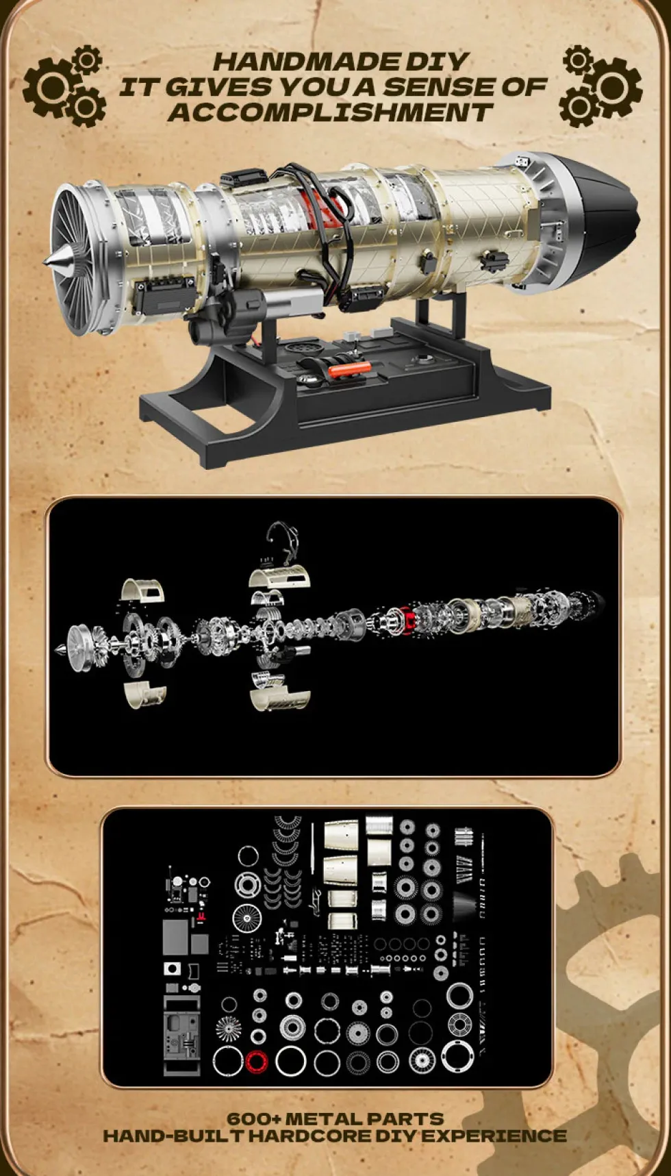 Turbofan Engine Model Kit that Works - Build Your Own Turbofan Engine - TECHING 1/10 Full Metal Electric Turbojet Engine Small Bypass Ratio Twin Rotor Aircraft Model DM135 600+Pcs