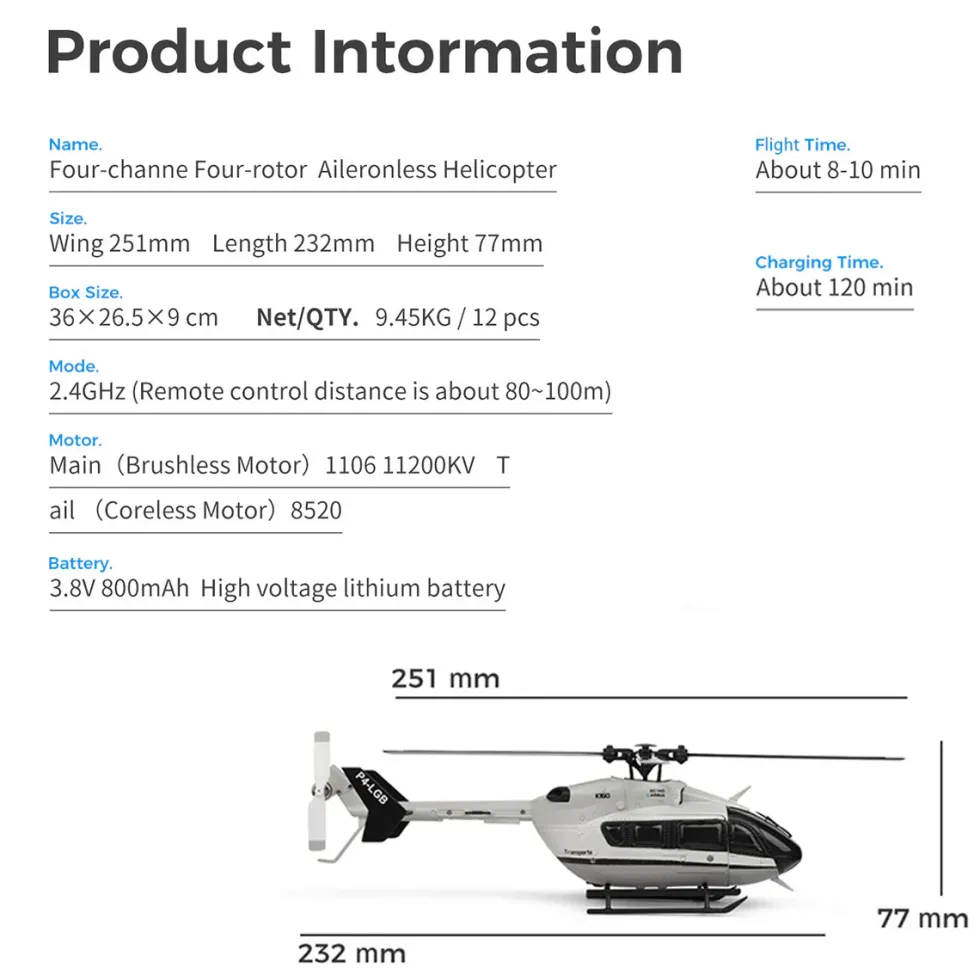 WL-K160 EC-145 160-Class 4-Prop 4CH Flybarless RC Helicopter with Adjustable Throttle