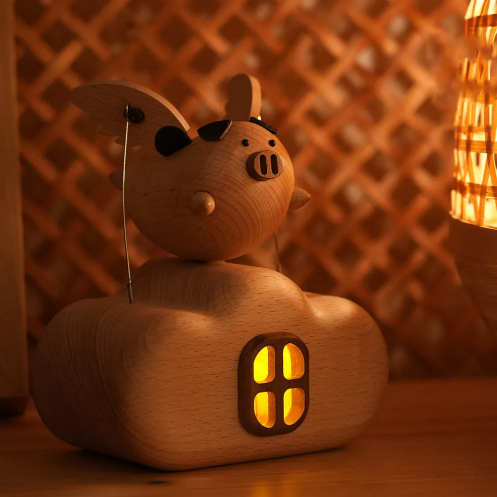 Wooden Illuminated Flying Pig Dynamic Model - Desktop Stress Relief Display (Non-Music Box)