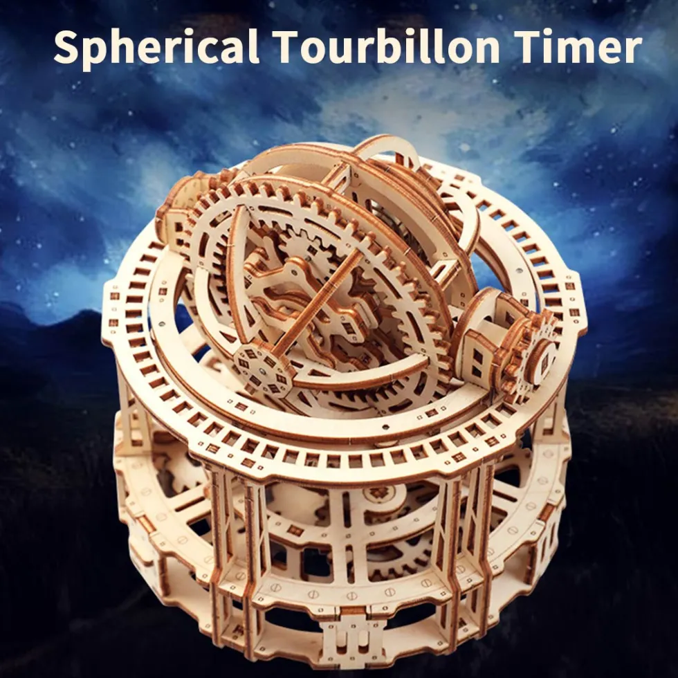 Wooden Tourbillon Timer 3D Assembly Model Kit with Mechanical Transmission