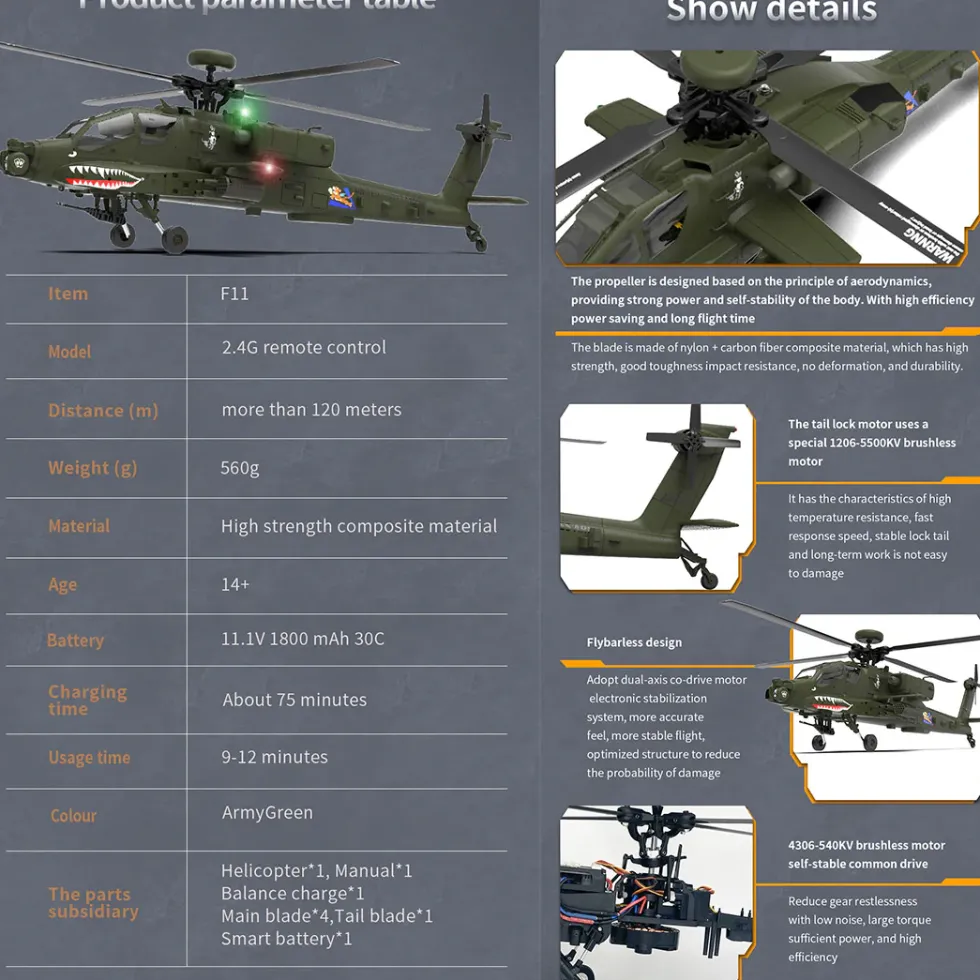 YU XIANG F11 AH64 1/32 Scale 2.4G 6CH BNF Version Helicopter Model