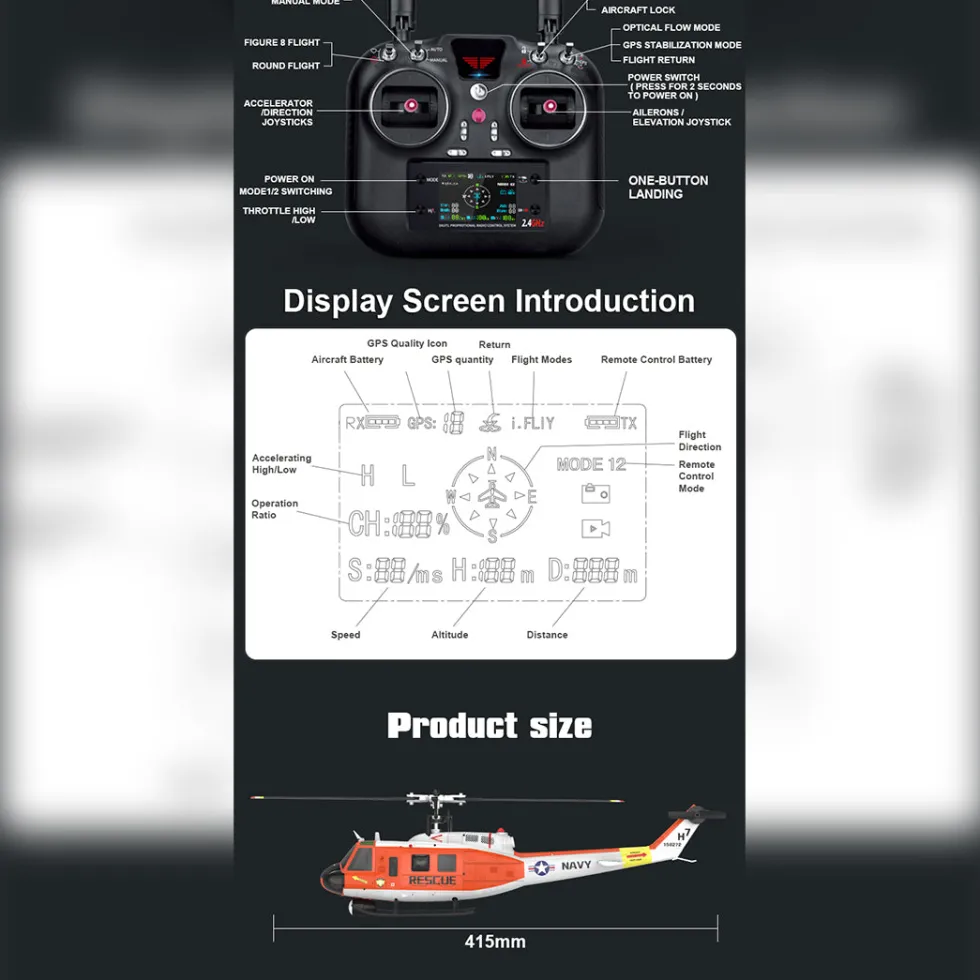 YU XIANG F07H UH-1 Huey RC Helicopter 1/34 Scale 8CH Brushless Flybarless GPS RTF with Altitude Hold & One-Key Figure 8 Flight
