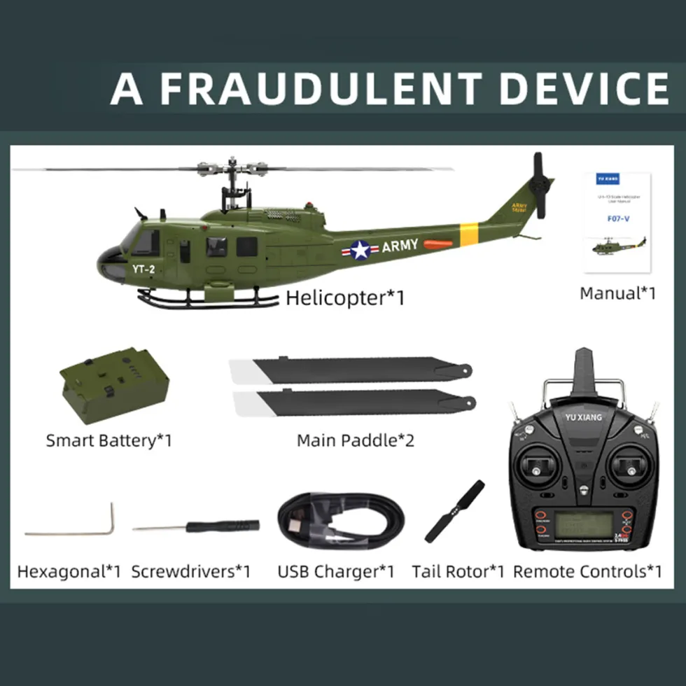 YU XIANG F07-V 1/34 Scale UH-1 Huey 2.4G 6CH Brushless Direct-Drive Flybarless RC Helicopter Model Mode 1/Mode 2 Switchable (RTF Version)